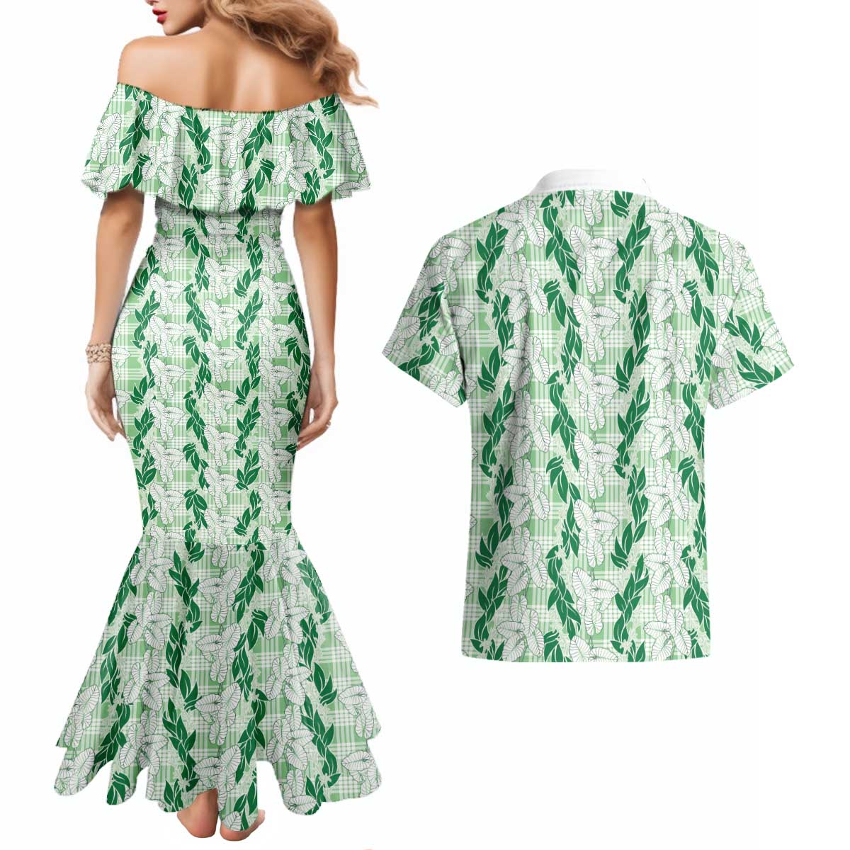 Hawaii Ti Leaf Maile Tuberose Lei Couples Matching Mermaid Dress and Hawaiian Shirt With Hanalei Leaf Green