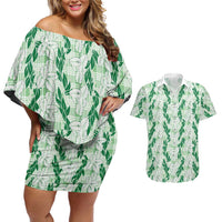 Hawaii Ti Leaf Maile Tuberose Lei Couples Matching Off Shoulder Short Dress and Hawaiian Shirt With Hanalei Leaf Green LT05 Green - Polynesian Pride