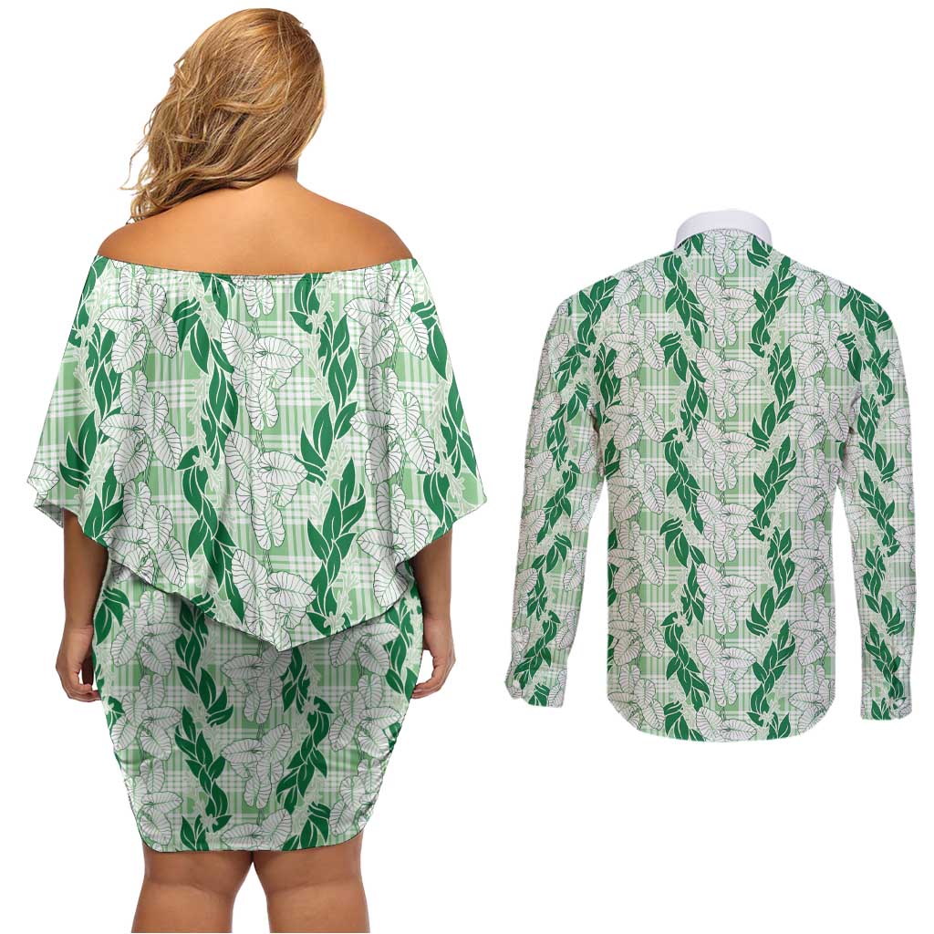 Hawaii Ti Leaf Maile Tuberose Lei Couples Matching Off Shoulder Short Dress and Long Sleeve Button Shirt With Hanalei Leaf Green LT05 - Polynesian Pride