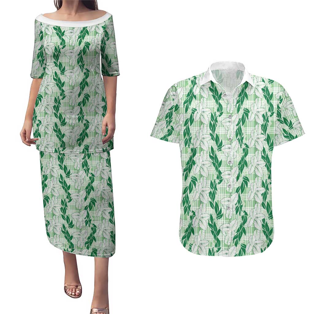 Hawaii Ti Leaf Maile Tuberose Lei Couples Matching Puletasi and Hawaiian Shirt With Hanalei Leaf Green