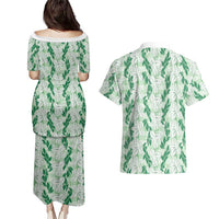Hawaii Ti Leaf Maile Tuberose Lei Couples Matching Puletasi and Hawaiian Shirt With Hanalei Leaf Green