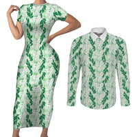 Hawaii Ti Leaf Maile Tuberose Lei Couples Matching Short Sleeve Bodycon Dress and Long Sleeve Button Shirt With Hanalei Leaf Green LT05 Green - Polynesian Pride