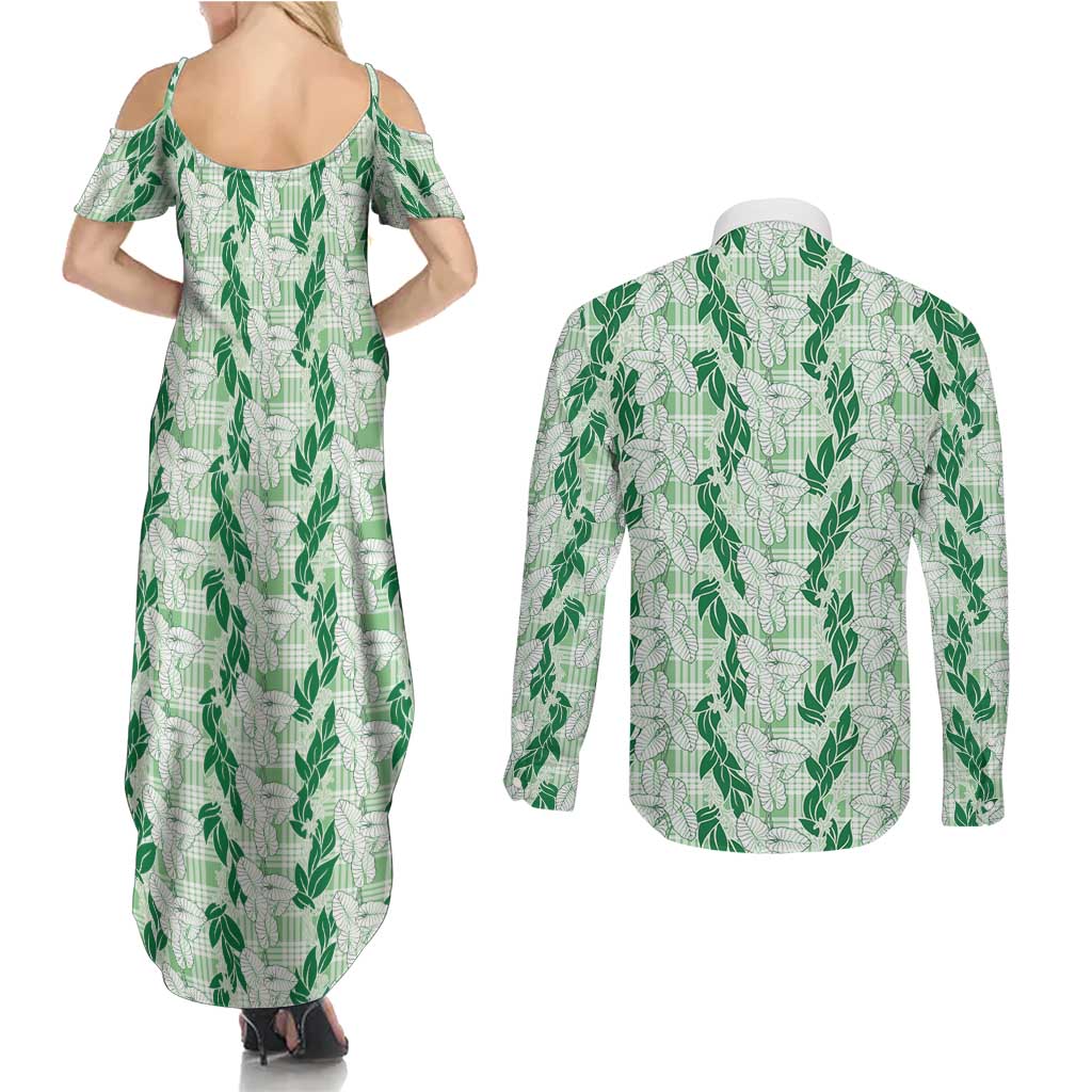 Hawaii Ti Leaf Maile Tuberose Lei Couples Matching Summer Maxi Dress and Long Sleeve Button Shirt With Hanalei Leaf Green LT05 - Polynesian Pride