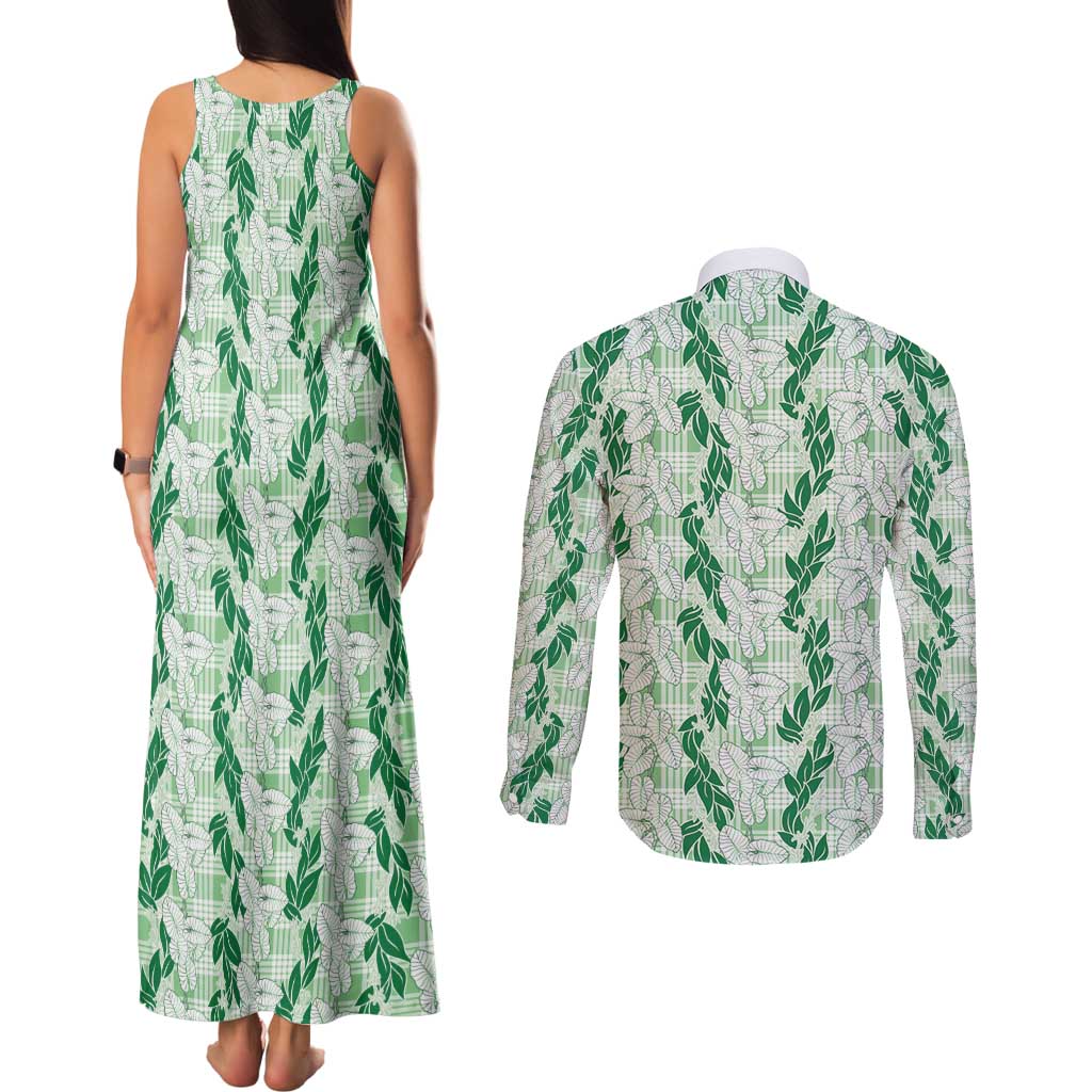 Hawaii Ti Leaf Maile Tuberose Lei Couples Matching Tank Maxi Dress and Long Sleeve Button Shirt With Hanalei Leaf Green LT05 - Polynesian Pride