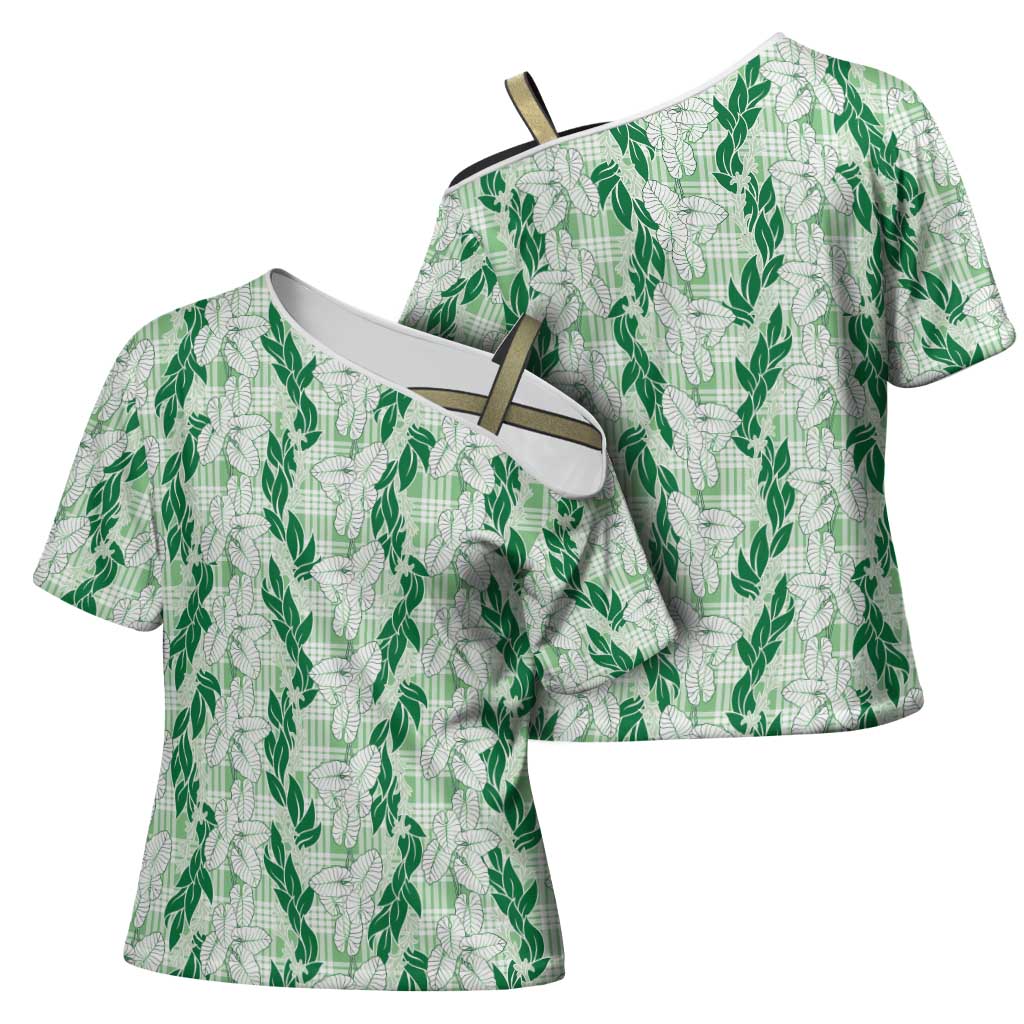 Hawaii Ti Leaf Maile Tuberose Lei Cross Shoulder Shirt With Hanalei Leaf Green LT05 - Polynesian Pride