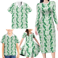 Hawaii Ti Leaf Maile Tuberose Lei Family Matching Long Sleeve Bodycon Dress and Hawaiian Shirt With Hanalei Leaf Green