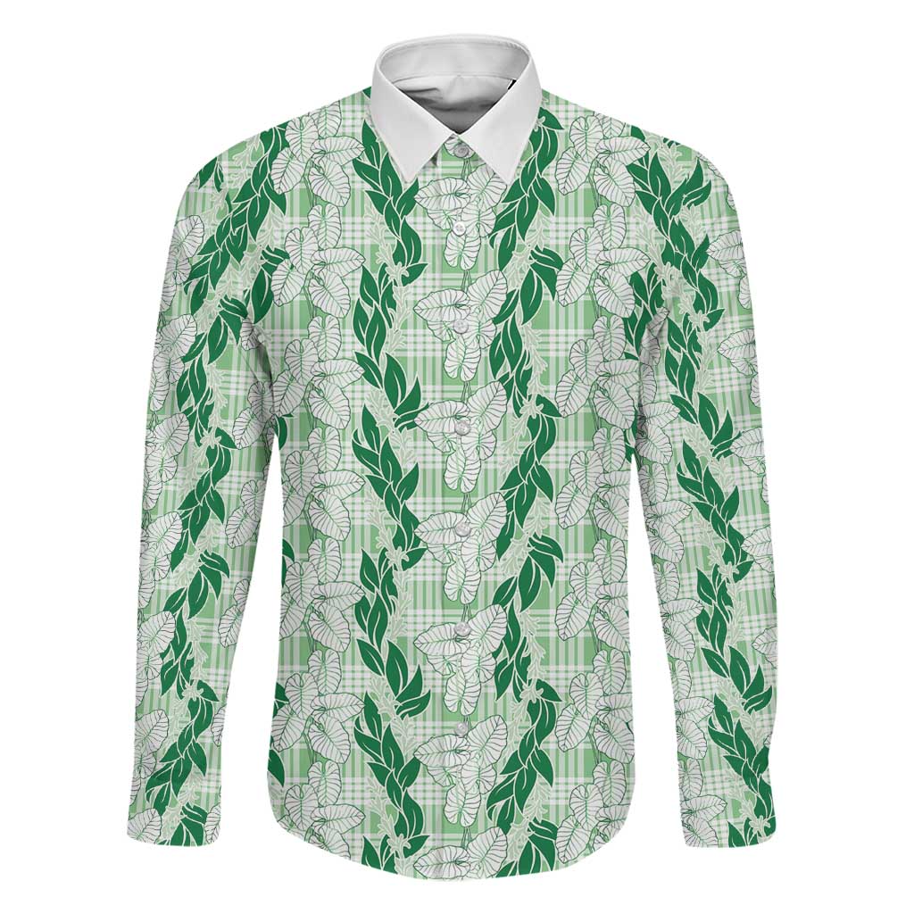 Hawaii Ti Leaf Maile Tuberose Lei Family Matching Long Sleeve Bodycon Dress and Hawaiian Shirt With Hanalei Leaf Green