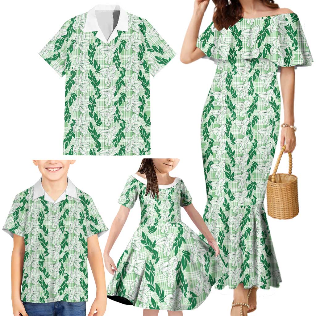 Hawaii Ti Leaf Maile Tuberose Lei Family Matching Mermaid Dress and Hawaiian Shirt With Hanalei Leaf Green