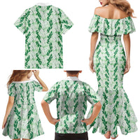 Hawaii Ti Leaf Maile Tuberose Lei Family Matching Mermaid Dress and Hawaiian Shirt With Hanalei Leaf Green
