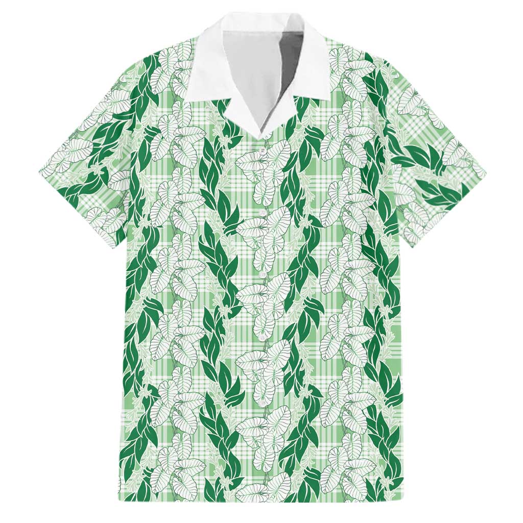 Hawaii Ti Leaf Maile Tuberose Lei Family Matching Off The Shoulder Long Sleeve Dress and Hawaiian Shirt With Hanalei Leaf Green