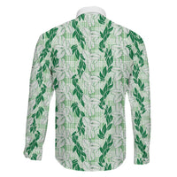 Hawaii Ti Leaf Maile Tuberose Lei Family Matching Off The Shoulder Long Sleeve Dress and Hawaiian Shirt With Hanalei Leaf Green