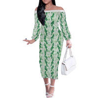 Hawaii Ti Leaf Maile Tuberose Lei Family Matching Off The Shoulder Long Sleeve Dress and Hawaiian Shirt With Hanalei Leaf Green