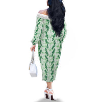 Hawaii Ti Leaf Maile Tuberose Lei Family Matching Off The Shoulder Long Sleeve Dress and Hawaiian Shirt With Hanalei Leaf Green