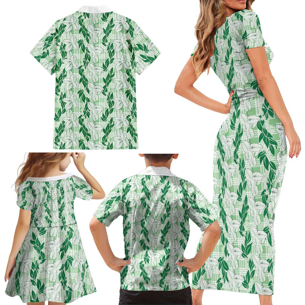 Hawaii Ti Leaf Maile Tuberose Lei Family Matching Short Sleeve Bodycon Dress and Hawaiian Shirt With Hanalei Leaf Green