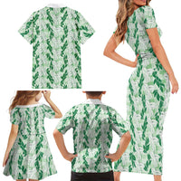 Hawaii Ti Leaf Maile Tuberose Lei Family Matching Short Sleeve Bodycon Dress and Hawaiian Shirt With Hanalei Leaf Green