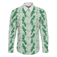 Hawaii Ti Leaf Maile Tuberose Lei Family Matching Short Sleeve Bodycon Dress and Hawaiian Shirt With Hanalei Leaf Green