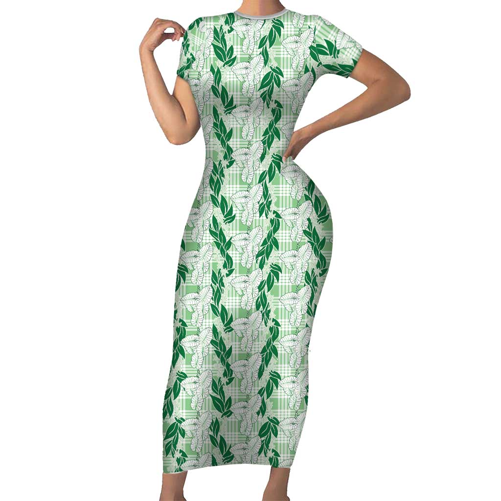 Hawaii Ti Leaf Maile Tuberose Lei Family Matching Short Sleeve Bodycon Dress and Hawaiian Shirt With Hanalei Leaf Green