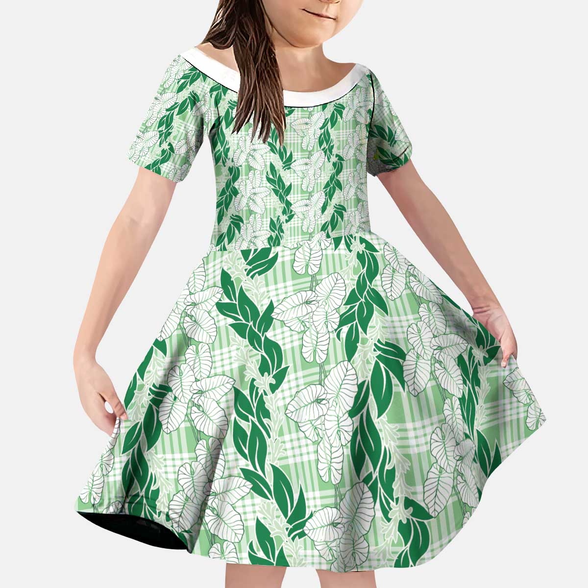 Hawaii Ti Leaf Maile Tuberose Lei Kid Short Sleeve Dress With Hanalei Leaf Green LT05 KID Green - Polynesian Pride