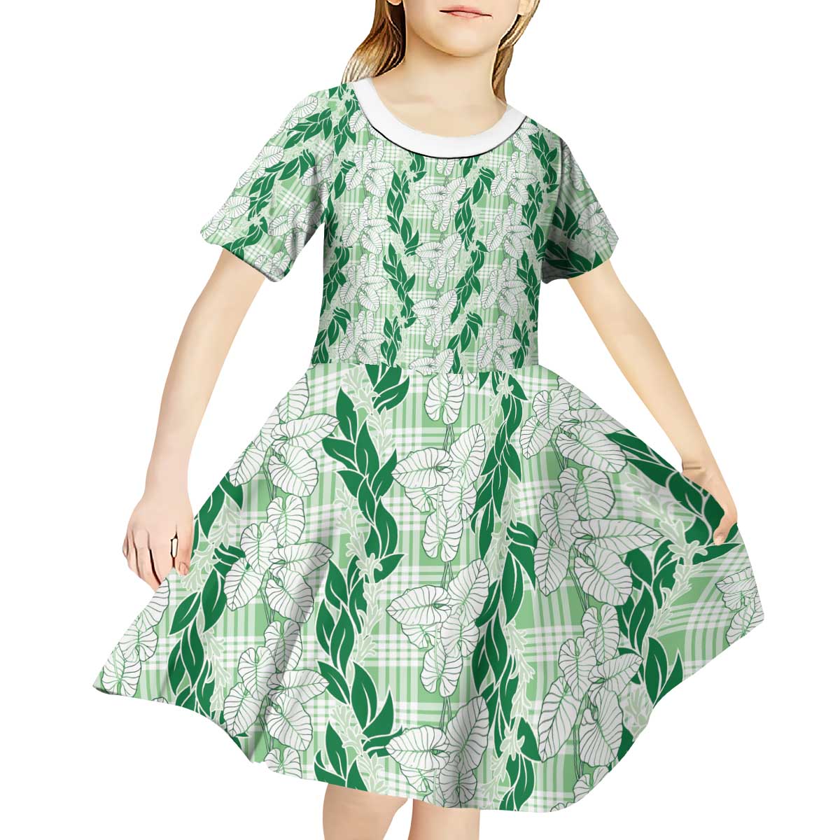 Hawaii Ti Leaf Maile Tuberose Lei Kid Short Sleeve Dress With Hanalei Leaf Green LT05 - Polynesian Pride