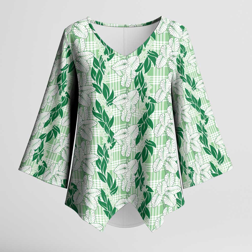 Hawaii Ti Leaf Maile Tuberose Lei Kimono Sleeve Blouse With Hanalei Leaf Green LT05 Female Green - Polynesian Pride