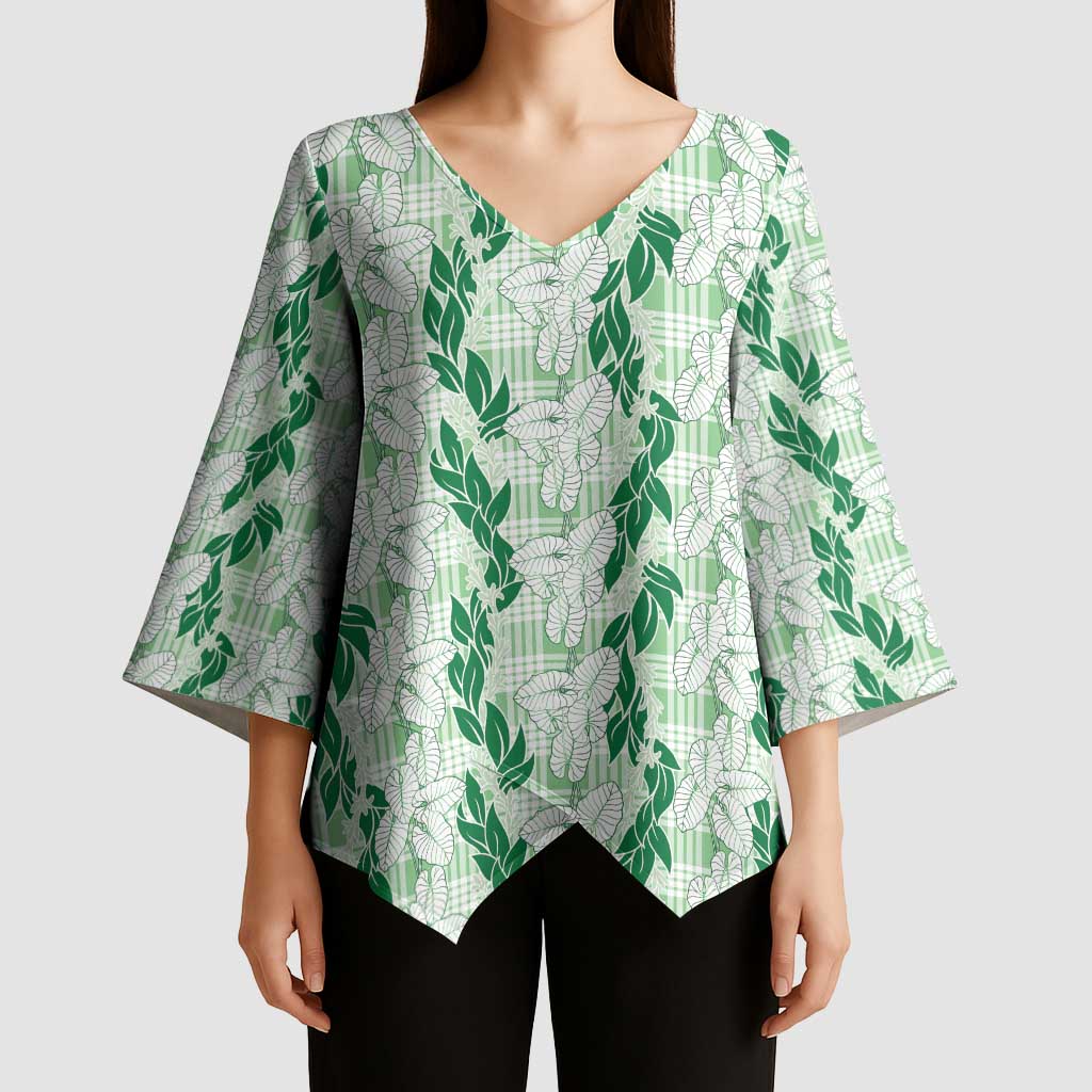 Hawaii Ti Leaf Maile Tuberose Lei Kimono Sleeve Blouse With Hanalei Leaf Green LT05 - Polynesian Pride