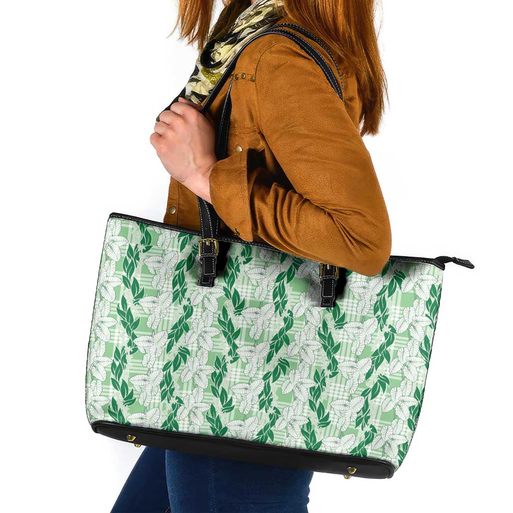 Hawaii Ti Leaf Maile Tuberose Lei Leather Tote Bag With Hanalei Leaf Green LT05 Green - Polynesian Pride