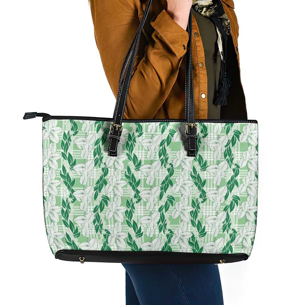 Hawaii Ti Leaf Maile Tuberose Lei Leather Tote Bag With Hanalei Leaf Green LT05 - Polynesian Pride