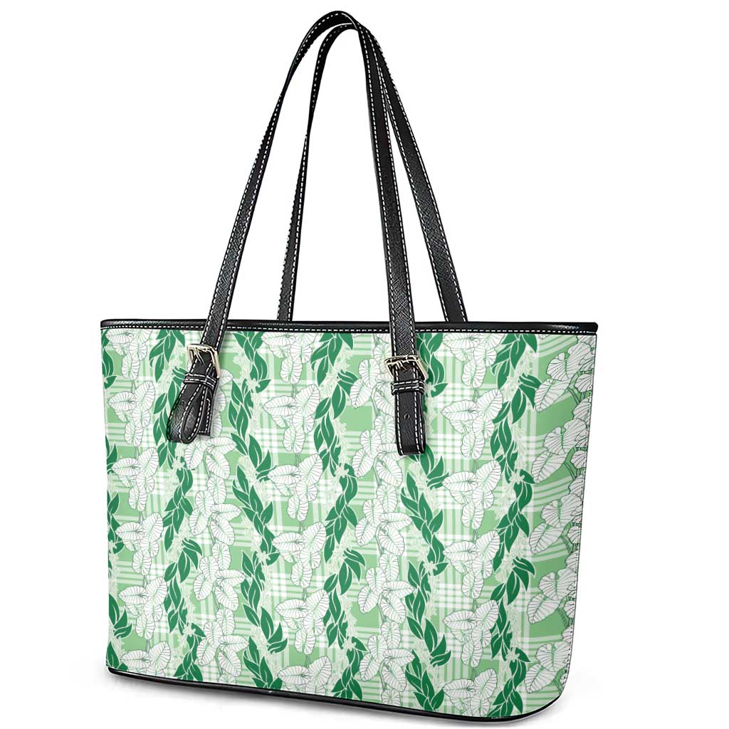 Hawaii Ti Leaf Maile Tuberose Lei Leather Tote Bag With Hanalei Leaf Green LT05 - Polynesian Pride