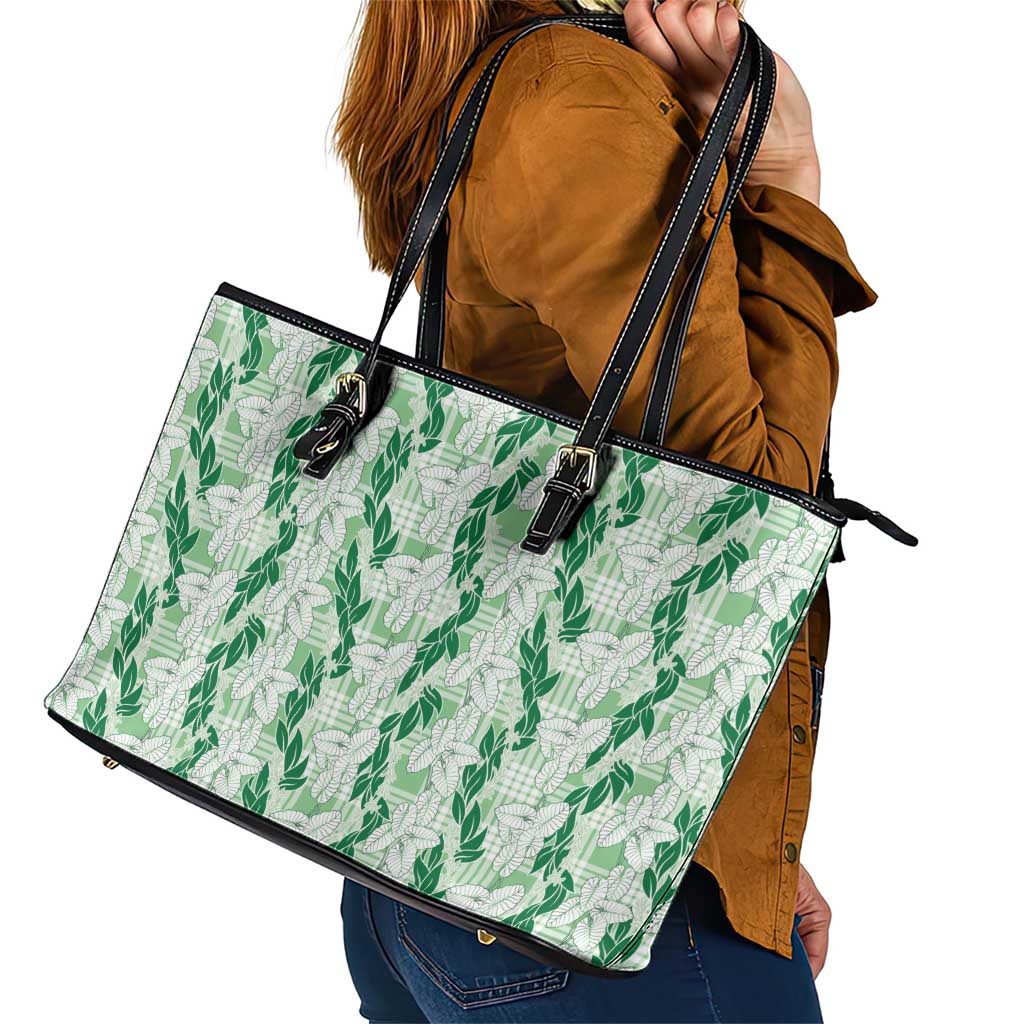 Hawaii Ti Leaf Maile Tuberose Lei Leather Tote Bag With Hanalei Leaf Green LT05 - Polynesian Pride