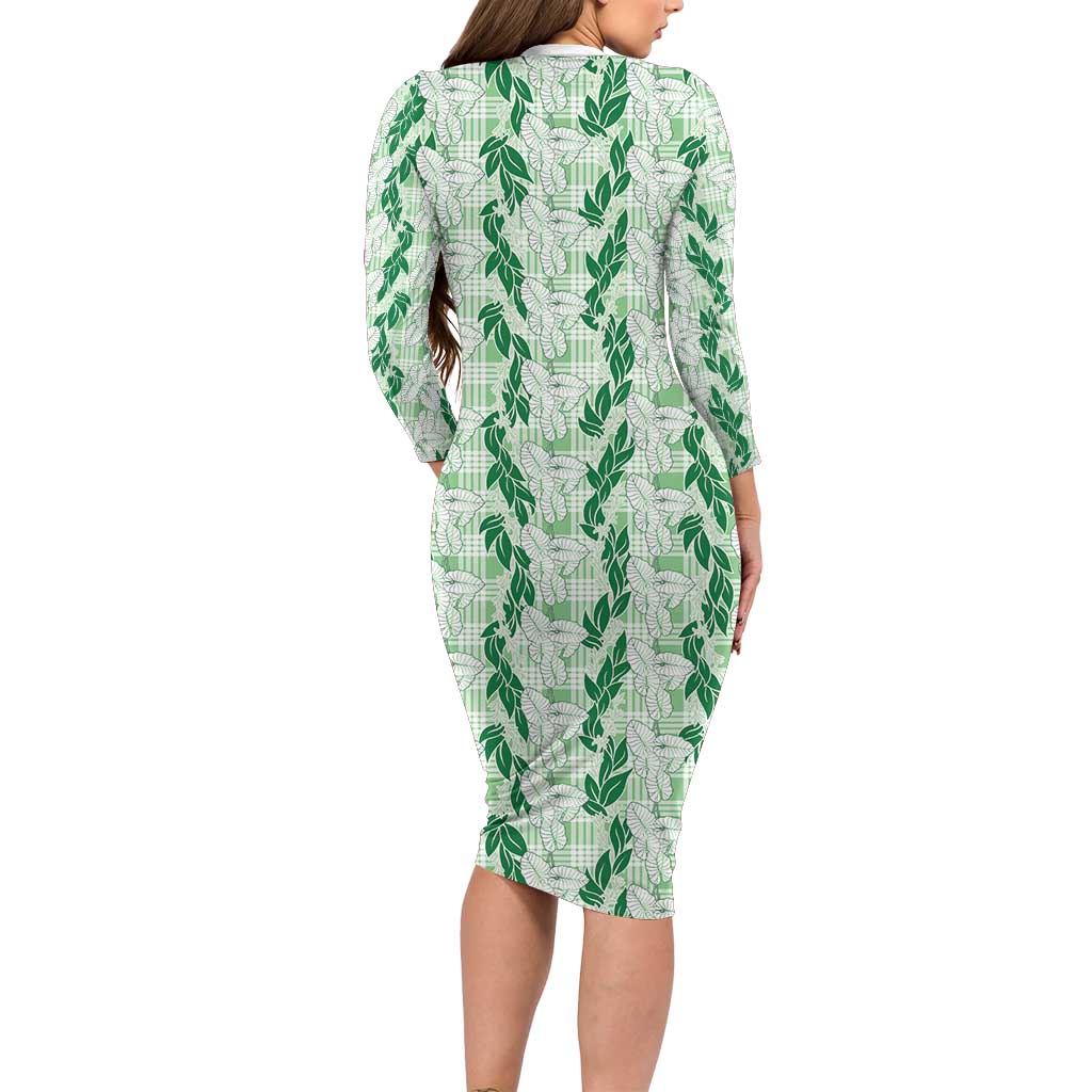 Hawaii Ti Leaf Maile Tuberose Lei Long Sleeve Bodycon Dress With Hanalei Leaf Green LT05 - Polynesian Pride