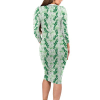 Hawaii Ti Leaf Maile Tuberose Lei Long Sleeve Bodycon Dress With Hanalei Leaf Green LT05 - Polynesian Pride