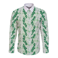 Hawaii Ti Leaf Maile Tuberose Lei Long Sleeve Button Shirt With Hanalei Leaf Green LT05 Unisex Green - Polynesian Pride