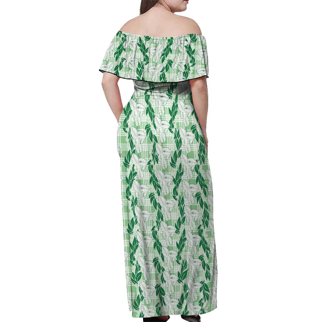 Hawaii Ti Leaf Maile Tuberose Lei Off Shoulder Maxi Dress With Hanalei Leaf Green LT05 - Polynesian Pride