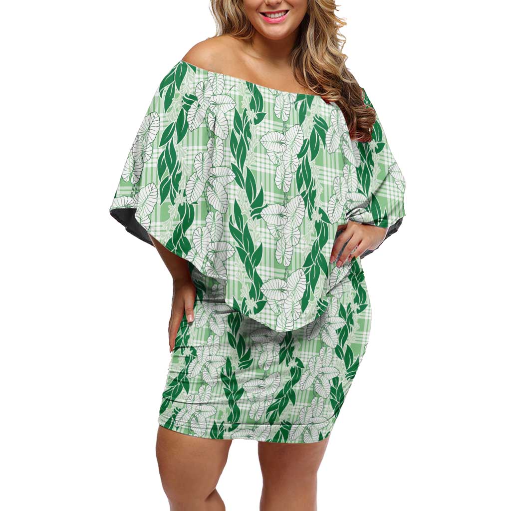 Hawaii Ti Leaf Maile Tuberose Lei Off Shoulder Short Dress With Hanalei Leaf Green LT05 Women Green - Polynesian Pride