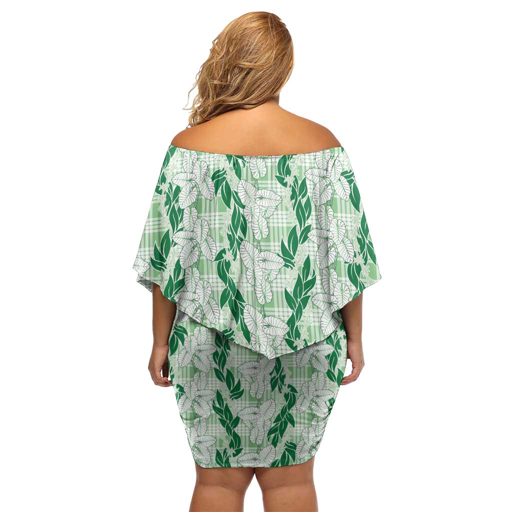 Hawaii Ti Leaf Maile Tuberose Lei Off Shoulder Short Dress With Hanalei Leaf Green LT05 - Polynesian Pride