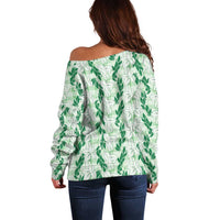 Hawaii Ti Leaf Maile Tuberose Lei Off Shoulder Sweater With Hanalei Leaf Green LT05 - Polynesian Pride