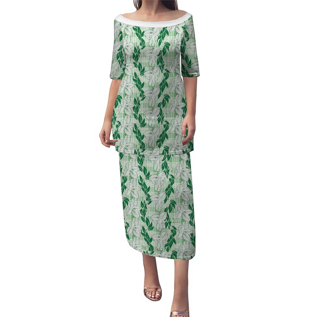 Hawaii Ti Leaf Maile Tuberose Lei Puletasi With Hanalei Leaf Green LT05 Long Dress Green - Polynesian Pride