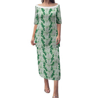 Hawaii Ti Leaf Maile Tuberose Lei Puletasi With Hanalei Leaf Green LT05 Long Dress Green - Polynesian Pride