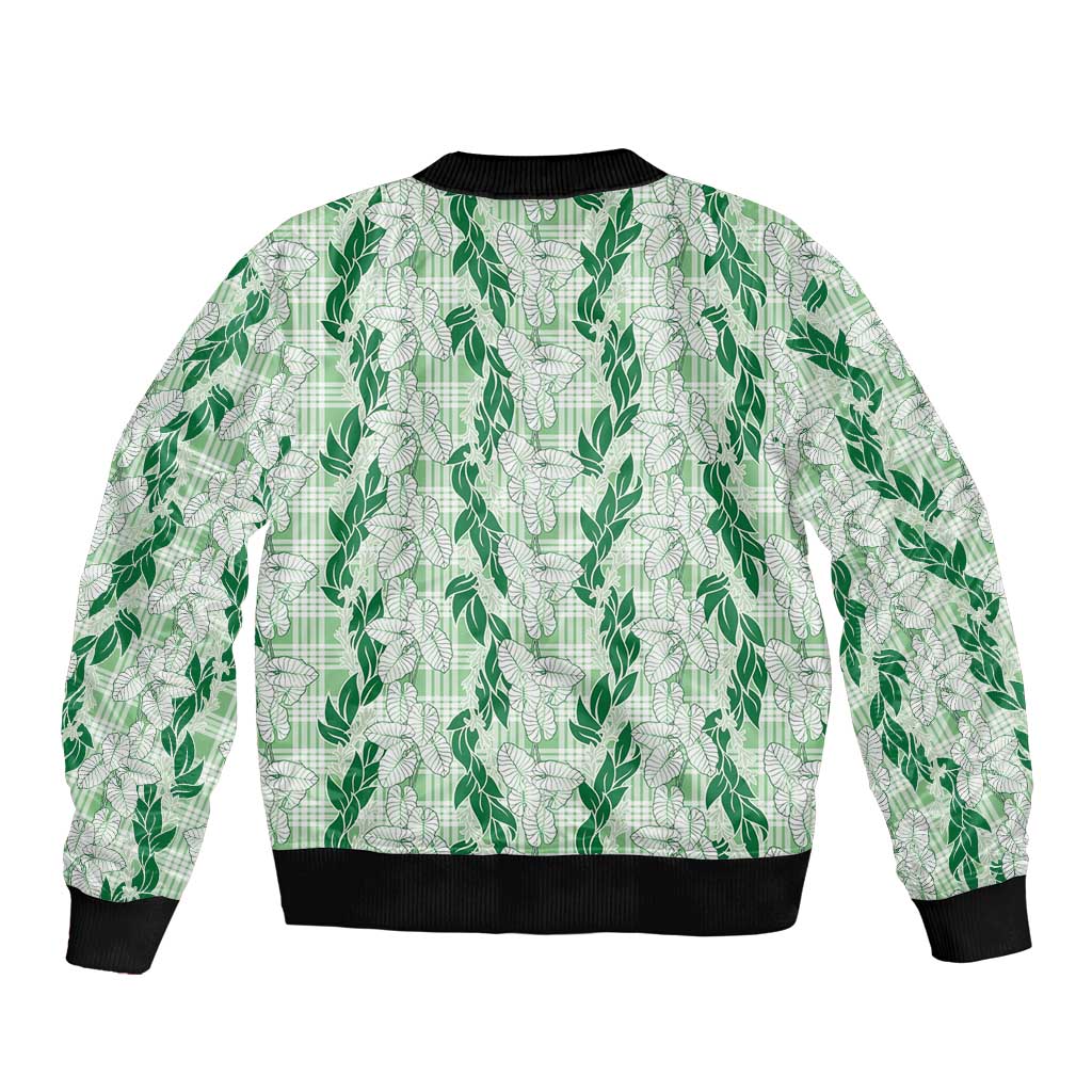 Hawaii Ti Leaf Maile Tuberose Lei Sleeve Zip Bomber Jacket With Hanalei Leaf Green LT05 - Polynesian Pride