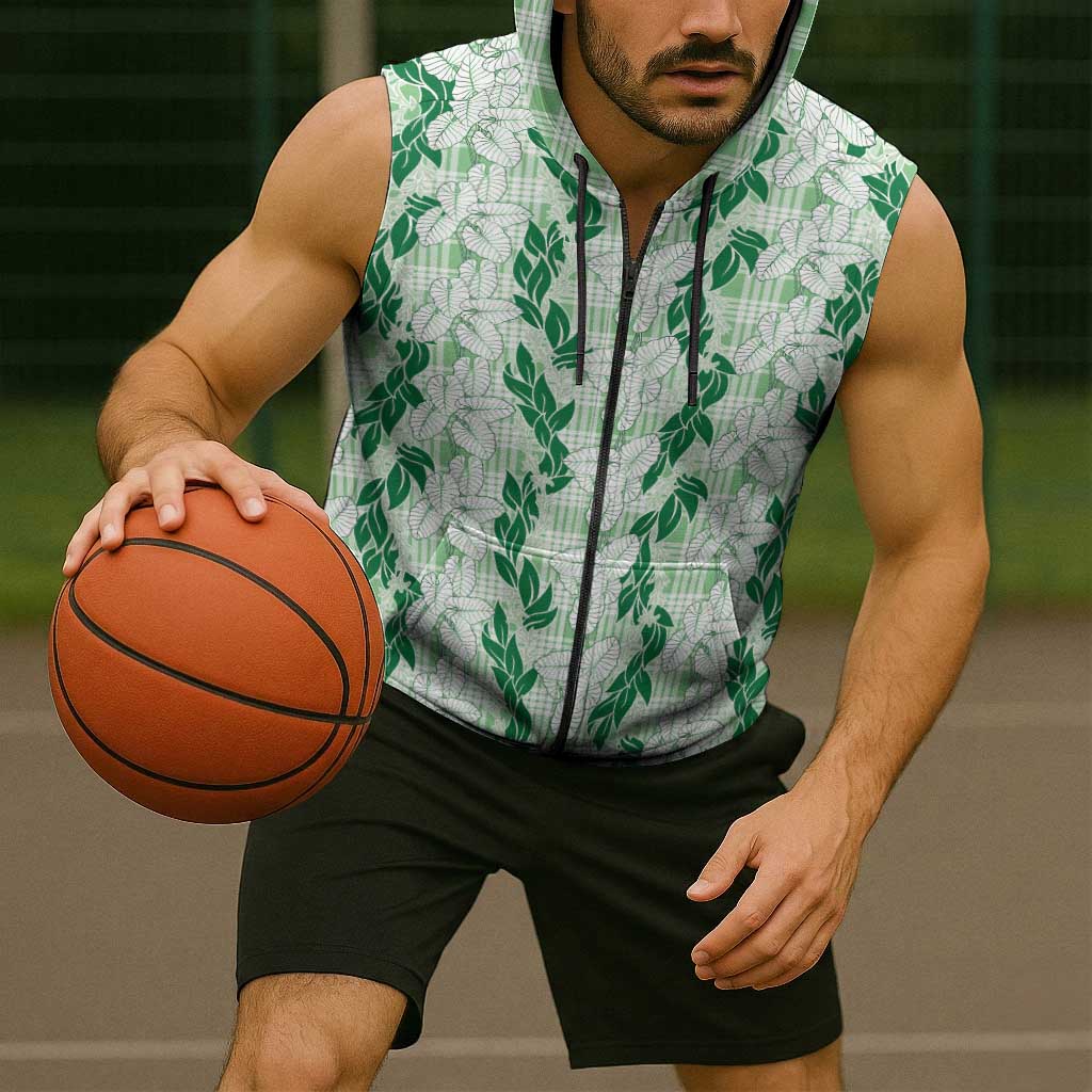 Hawaii Ti Leaf Maile Tuberose Lei Sleeveless Zip Hoodie With Hanalei Leaf Green