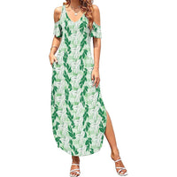 Hawaii Ti Leaf Maile Tuberose Lei Summer Maxi Dress With Hanalei Leaf Green LT05 Women Green - Polynesian Pride