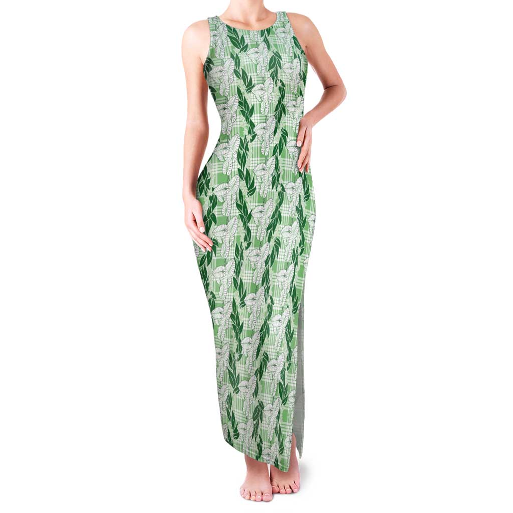 Hawaii Ti Leaf Maile Tuberose Lei Tank Maxi Dress With Hanalei Leaf Green LT05 Women Green - Polynesian Pride
