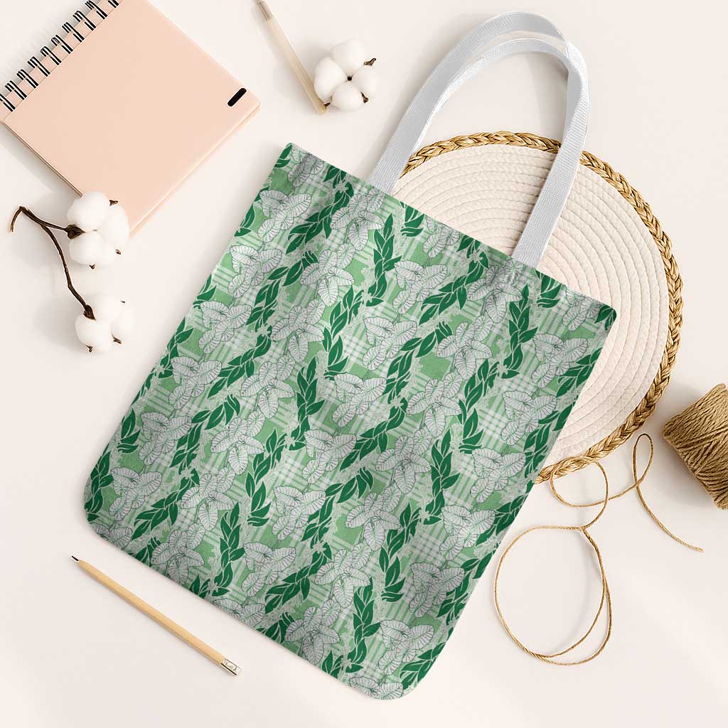 Hawaii Ti Leaf Maile Tuberose Lei Tote Bag With Hanalei Leaf Green LT05 White Strap One Size Green - Polynesian Pride
