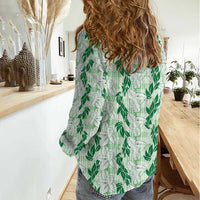 Hawaii Ti Leaf Maile Tuberose Lei Women Casual Shirt With Hanalei Leaf Green LT05 - Polynesian Pride