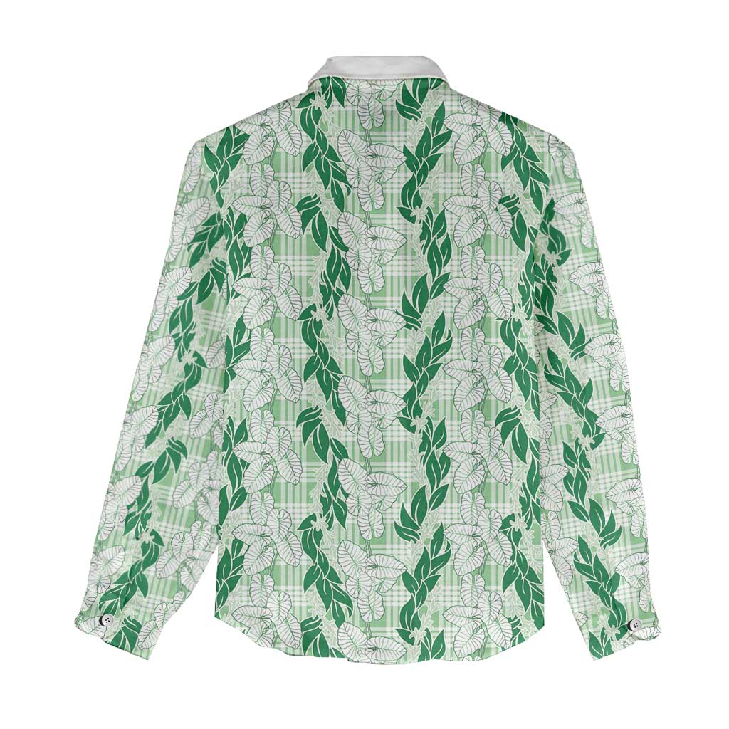 Hawaii Ti Leaf Maile Tuberose Lei Women Casual Shirt With Hanalei Leaf Green LT05 - Polynesian Pride