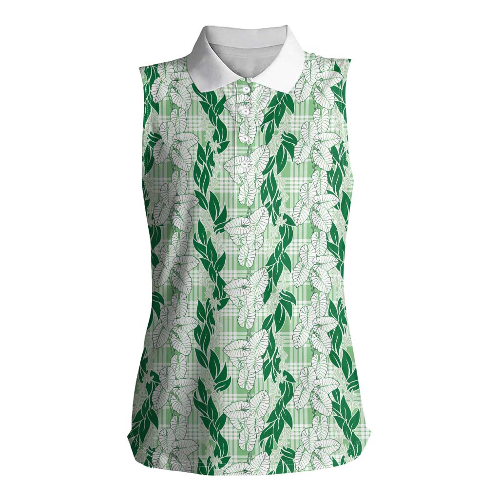 Hawaii Ti Leaf Maile Tuberose Lei Women Sleeveless Polo Shirt With Hanalei Leaf Green LT05 Female Green - Polynesian Pride