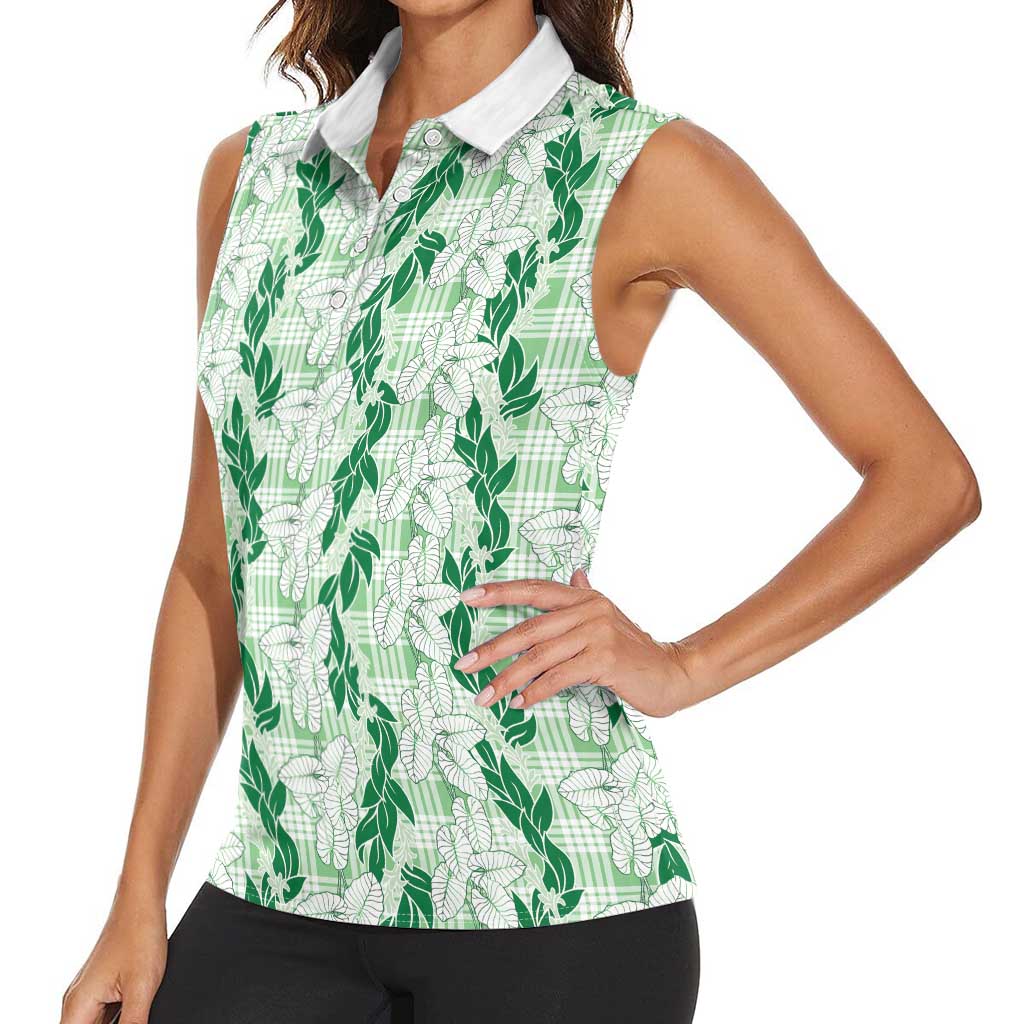 Hawaii Ti Leaf Maile Tuberose Lei Women Sleeveless Polo Shirt With Hanalei Leaf Green LT05 - Polynesian Pride