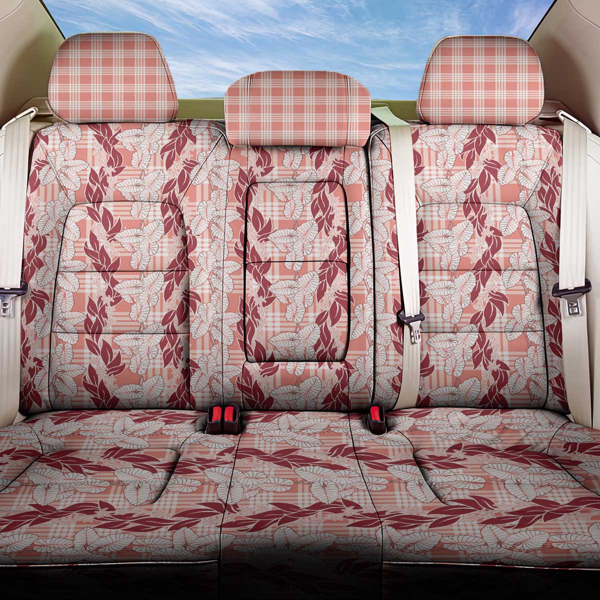 Hawaii Ti Leaf Maile Tuberose Lei Back Car Seat Cover With Hanalei Leaf Red LT05 One Size Red - Polynesian Pride