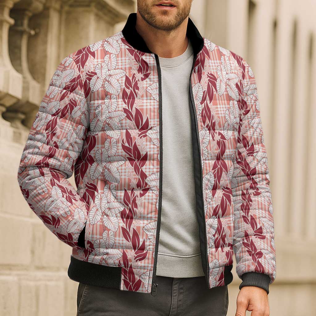 Hawaii Ti Leaf Maile Tuberose Lei Bomber Puffer Jacket With Hanalei Leaf Red LT05 - Polynesian Pride