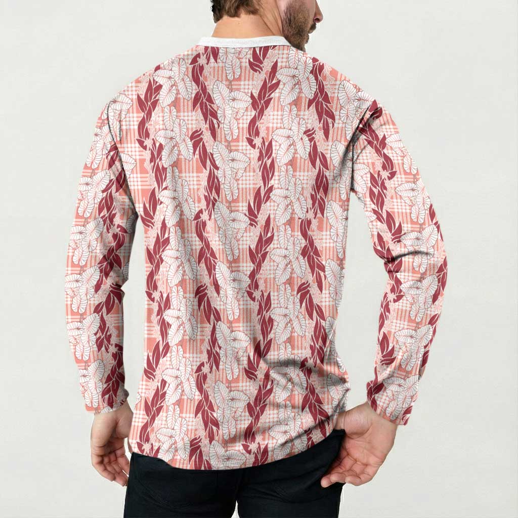 Hawaii Ti Leaf Maile Tuberose Lei Button Sweatshirt With Hanalei Leaf Red LT05 - Polynesian Pride